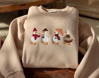 Cozy Duck Embroidered Sweatshirt, Autumn Cozy Shirt, Cute Duck Hoodie, Fall Aesthetic Embroidery, Funny Fall Duck Crewneck, Gift For Her