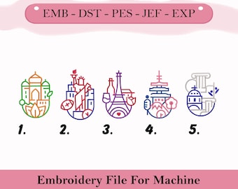 World Landmark Embroidery Design, Travel City Icon PES DST Files,Eiffel Statue Liberty Japan Greece Taj Mahal Embroidery Files,Download File