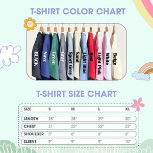 May include: A color chart and size chart for t-shirts. The color chart displays t-shirts in various colors, including black, navy, green, gray, and red. The size chart shows measurements for length, chest, shoulder, and sleeve in inches for sizes S, M, L, and XL.