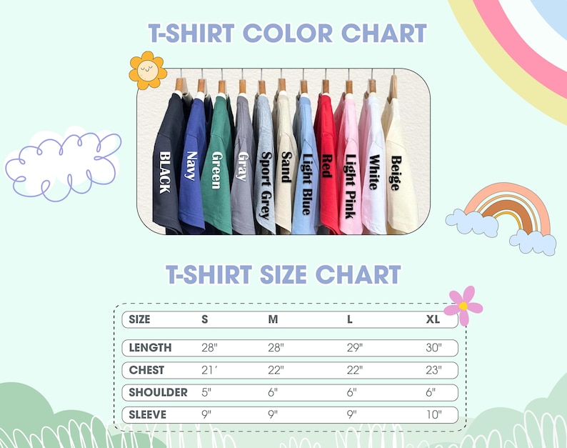 May include: A color chart and size chart for t-shirts. The color chart displays t-shirts in various colors, including black, navy, green, gray, and red. The size chart shows measurements for length, chest, shoulder, and sleeve in inches for sizes S, M, L, and XL.