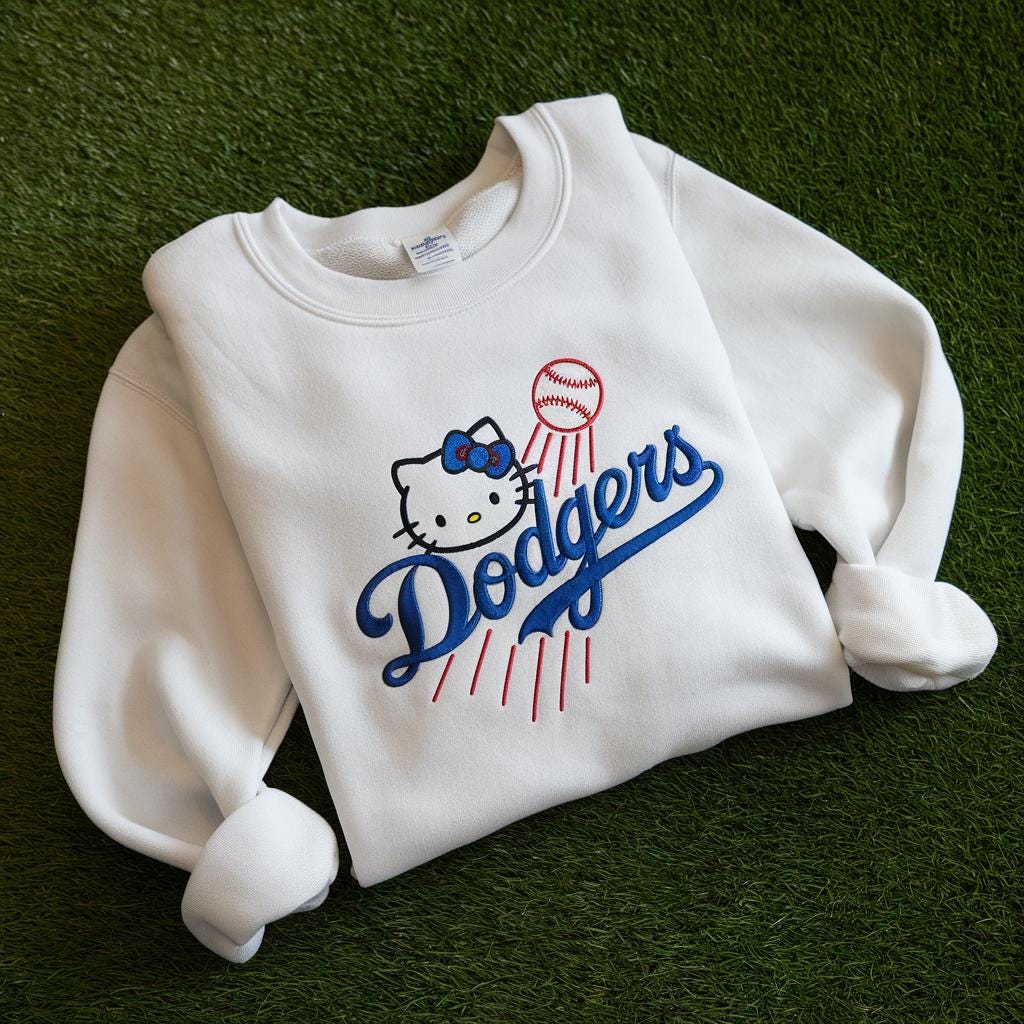 Baseball Cat Embroidered Sweatshirt, Cute Sporty Crewneck, Blue Kitti Baseball Sweatshirt, L.A Inspired Fan Gift, Kawaii Baseball Shirt