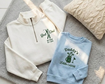 Felpa con zip a un quarto ricamata "Il miglior papà", "Il piccolo caddie di papà", completo da golf coordinato per papà e bambino, regalo per neo papà