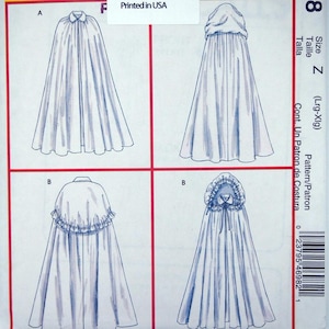 Op de afbeelding: Een McCall's kostuumpatroon met vier illustraties van capes met capuchons en kragen. Het patroon is gedrukt in de VS en bevat maat Z (Lrg-Xlg). De omslag is geel met rode en zwarte tekst.