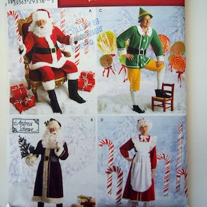 May include: A Simplicity Holiday pattern collection sewing pattern featuring four different holiday costumes: Santa Claus, an elf, Mrs. Claus, and a Santa's helper. The pattern number is 4393.