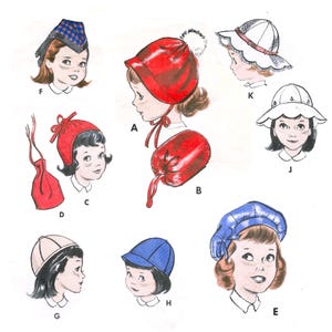 Vintage Girls Hat Sewing Pattern  – 1950s Bonnet, Beret, Eton Cap, Pom Pom Hat, Beanie, Roll Muff and Bag – PDF Reproduction.