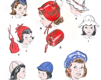 1950s Vintage Hat Sewing Pattern for Girls: Bonnet, Beret, Cap (PDF Reproduction)