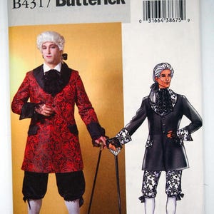 May include: A Butterick sewing pattern, B4317, showcasing illustrations of historical costumes. The designs include a red and black patterned coat, black breeches, and a black coat with white lace details. The pattern includes sizes 42-48.