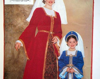 Patrón de costura Butterick 5655: Vestido renacentista con tocado y velo para mujer y niña.