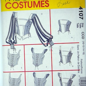 Peut inclure: Un patron de couture McCall's Costumes présentant des modèles de corsets. Le patron comprend des illustrations de différents styles de corsets avec des détails de laçage. L'emballage est jaune avec des lignes de grille rouges et du texte.