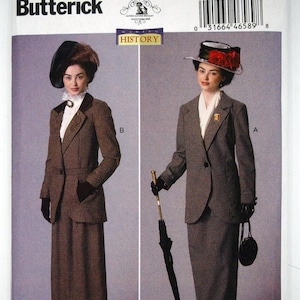 May include: Butterick sewing pattern B6337 for a two-piece suit featuring a long-sleeved jacket and a floor-length skirt. View B includes a dark hat and white blouse, while View A features a hat with red flowers, a white blouse, and an umbrella.