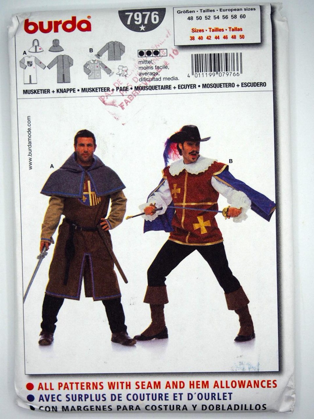 Burda 7976, Musketeer and Medieval Page Costumes With Tunic, Cape, and ...