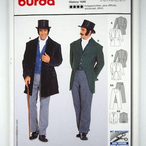 May include: A Burda sewing pattern envelope, number 2767, for historical 1848 style clothing. The front displays two outfits featuring top hats, frock coats in black and green, vests, and trousers. Technical line drawings show views A and B.