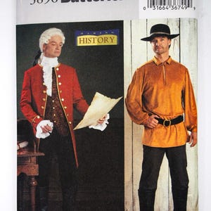 May include: A Butterick sewing pattern, number 3896, featuring two historical costume designs. One design is a red coat with gold trim and a white ruffled collar. The other is an orange tunic with a black hat and pants.