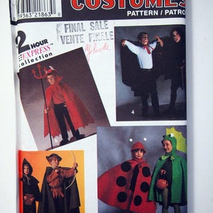 May include: Simplicity Costumes pattern packet featuring various children's costume designs. The packet includes images of a devil, a Robin Hood, a ladybug, and a frog costume. The packet has the text "FINAL SALE" and "2 HOUR EXPRESS collection".