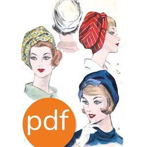 以下が含まれることがあります： さまざまなスタイルの帽子をかぶった4人の女性のヴィンテージイラスト。帽子には、白いターバン、赤と白のストライプのターバン、リボン付きの青い帽子、花柄のターバンが含まれます。「pdf」という単語がオレンジ色の円の中にあります。
