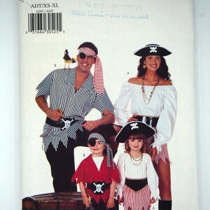 May include: A Butterick pattern envelope, number 6295, featuring pirate costumes for adults and children. The costumes include striped shirts, pirate hats with skull and crossbones, and eye patches. The envelope shows a family dressed in the costumes.