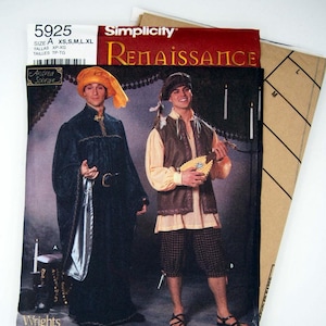 Puede incluir: Un sobre de patrón de costura Simplicity 5925 Renaissance con dos opciones de disfraz. Uno muestra una túnica oscura con un sombrero dorado, el otro una camisa clara, chaleco marrón y pantalones a cuadros. El texto incluye Simplicity, Renaissance, 5925 y Andrea Schewe.