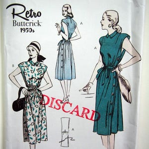 May include: A vintage Butterick sewing pattern with illustrations of 1950s dresses. The pattern shows several dress designs with button-down fronts, belted waists, and different sleeve lengths. The text "Retro Butterick 1950s" is visible.