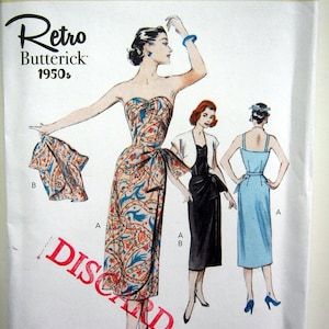 May include: Butterick Retro 1950s sewing pattern. The pattern features illustrations of three dresses, including a strapless dress with a matching jacket. The pattern is labeled B6923 and includes size options A5 (6-8-10-12-14).