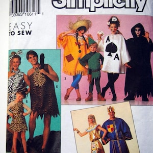 May include: Simplicity sewing pattern number 9945 for adult costumes. The pattern includes a scarecrow, a queen of hearts, a vampire, a Robin Hood, an Egyptian queen, and a king. The pattern is easy to sew and includes instructions for making each costume.