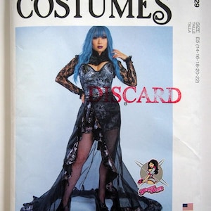 May include: A sewing pattern for a black and silver corset with a sheer black skirt. The pattern is for sizes E5 (14-16-18-20-22) and is from McCall's Costumes. The model is wearing a blue wig and black heels.