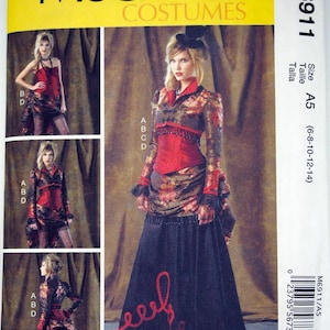 May include: McCall's Costumes sewing pattern M6911. The pattern features a steampunk-style costume with a red and black color scheme. The design includes a long skirt, a fitted bodice, and a jacket with intricate details. The pattern size is A5 (6-8-10-12-14).