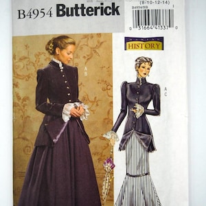 Op de afbeelding: Een Butterick B4954 naaipatroon-envelop met illustraties van een jasje met opstaande kraag, lange mouwen, knopen aan de voorzijde en kanten manchetten, gecombineerd met een effen donkerpaarse rok of een zwart-wit gestreepte rok.