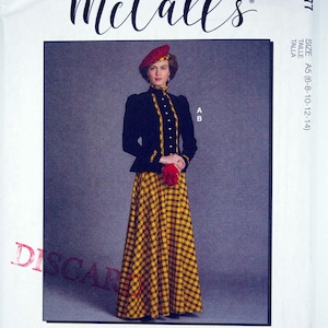 Puede incluir: Patrón de costura vintage de McCall's que muestra a una mujer con una chaqueta negra con ribetes dorados, una falda a cuadros amarilla y negra y una boina roja. El patrón está etiquetado M8077 e incluye información sobre tallas.