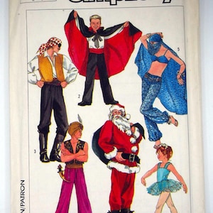 May include: A vintage Simplicity pattern envelope featuring illustrations of various costumes. The costumes include a pirate, a vampire, a genie, Santa Claus, a belly dancer, and a ballerina. The envelope is white with black and red text.