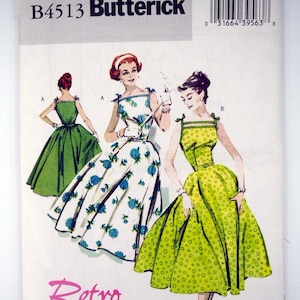 Butterick 4513, 1950s retro full skirt dress with shoulder straps and belt, vintage re-issue from 1957