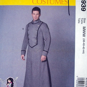 May include: McCall's Costumes pattern M7939. The pattern features a long, grey coat with black trim and button details. The coat is shown on a model. The pattern includes sizes MWW (38-40-42-44).