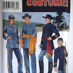 May include: Simplicity Costumes pattern 1274 featuring illustrations of Civil War era uniforms. The costumes are in shades of blue with gold and orange accents. The pattern includes sizes XS, S, M, L, and XL.