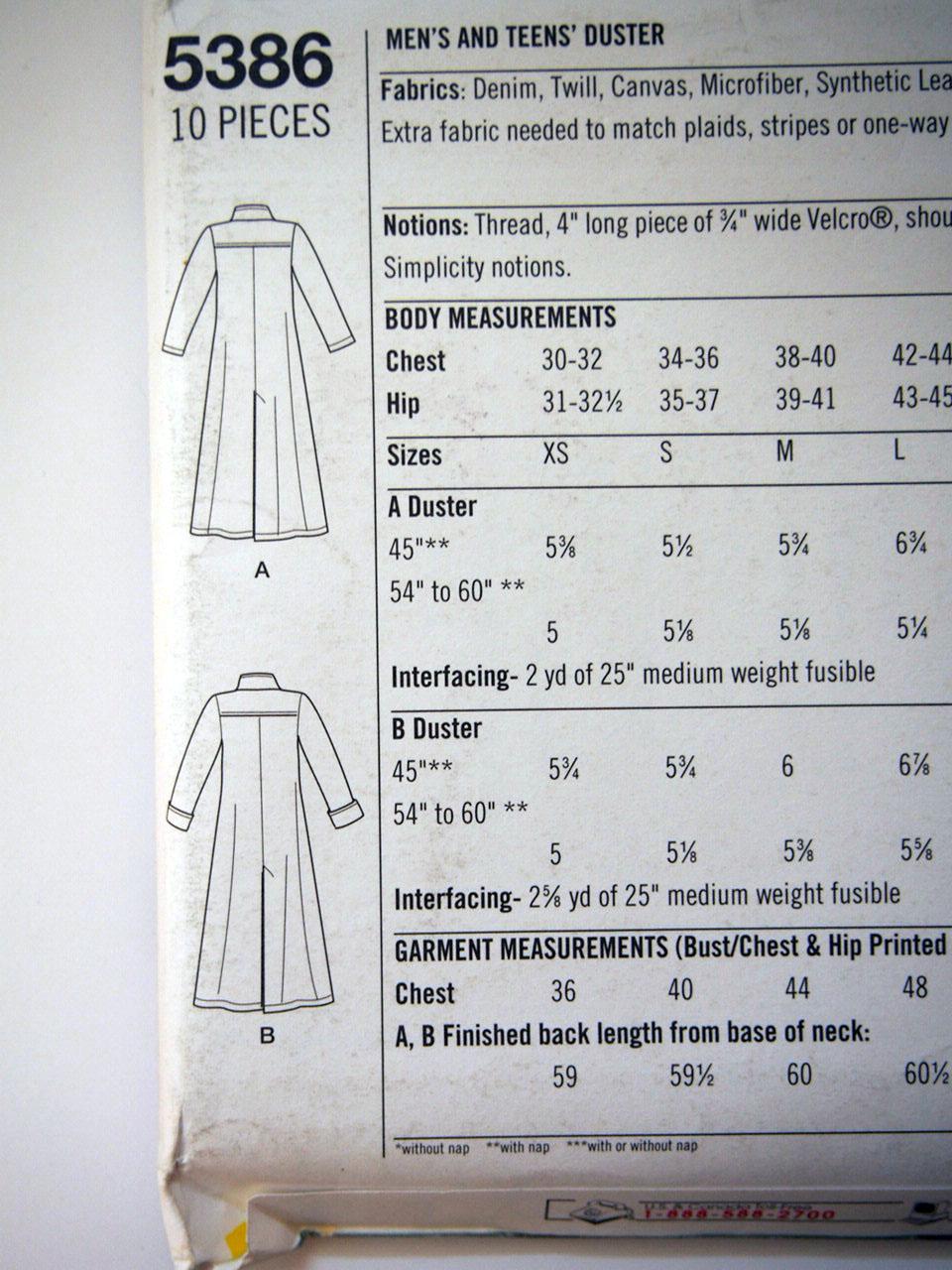 Simplicity 5386, Matrix Style Long Coat Costume for Adults - Sewing ...