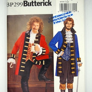 May include: A Butterick sewing pattern, BP299, showing illustrations of two men in historical costumes. One wears a red coat with black trim, the other a blue coat. The pattern size is Lrg-Xlg.
