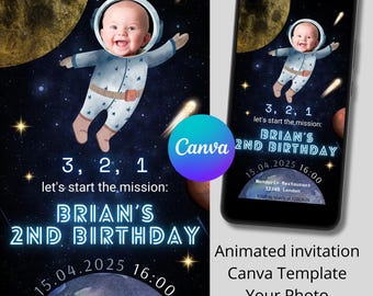 Animierte Einladung mit Ton, E-Einladung, Canva-Vorlage Astronautenkarte, digitale Geburtstagseinladung, Einladungs-Canvas-Vorlage, Kinder