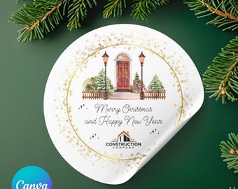 Canva-Vorlage: Bearbeitbarer Weihnachtsaufkleber mit Firmenlogo und Weihnachtsgrüßen