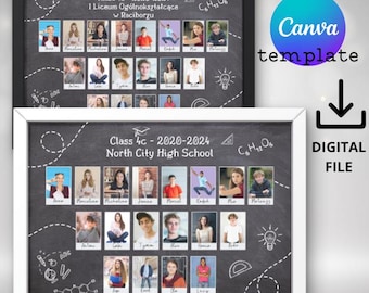 Bearbeitbare Klassentabelle für Schulabsolventen, Canva-Fotos von Schulfreunden, Klassenfotovorlage, ein Andenken an den Schulabschluss, Geschenk zum Schulabschluss,
