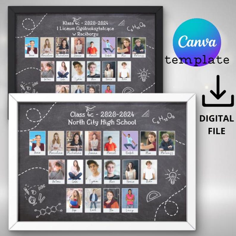 May include: A black and white chalkboard with a white frame. The chalkboard has a class photo of students with their names below each photo. The text "Class 4c - 2020-2024 North City High School" is at the top of the chalkboard. There are various drawings of school supplies on the chalkboard.