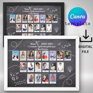 May include: A black and white chalkboard with a white frame. The chalkboard has a white border and a white design of a graduation cap, a light bulb, a protractor, and a chemical formula. The chalkboard has the text "Klasa 4c - 2020-2024 1 Liceum Og&oacute;lnokształcące w Raciborzu" and "C6H12O6". There are 24 small white frames with photos of students inside.
