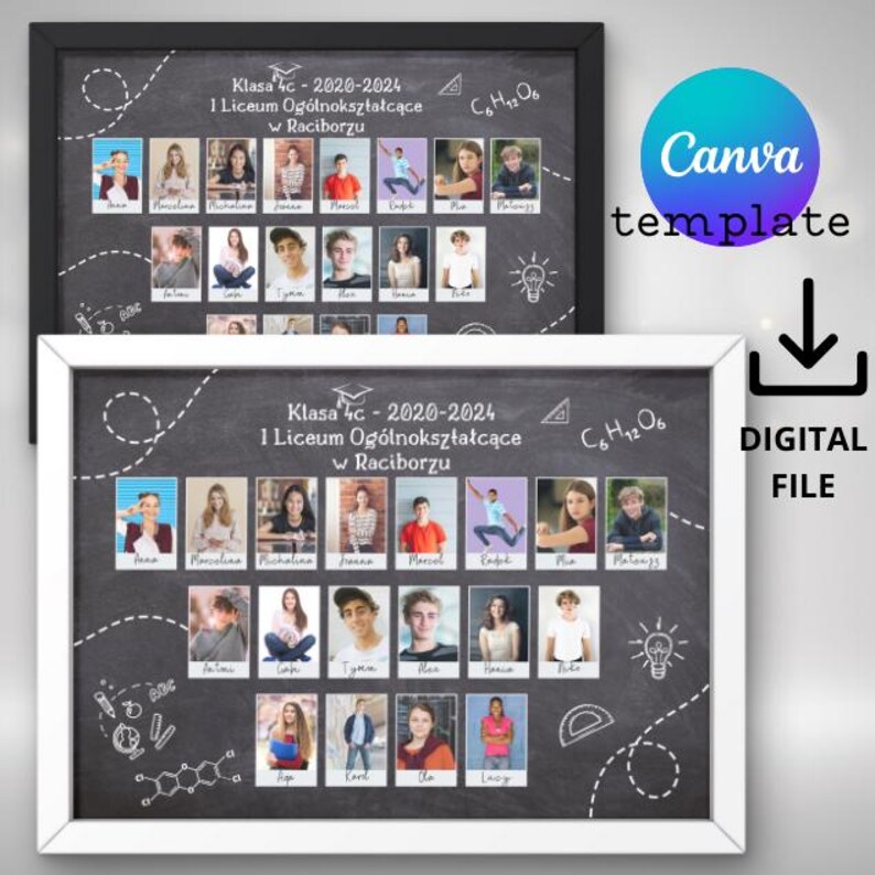 May include: A black and white chalkboard with a white frame. The chalkboard has a white border and a white design of a graduation cap, a light bulb, a protractor, and a chemical formula. The chalkboard has the text "Klasa 4c - 2020-2024 1 Liceum Og&oacute;lnokształcące w Raciborzu" and "C6H12O6". There are 24 small white frames with photos of students inside.