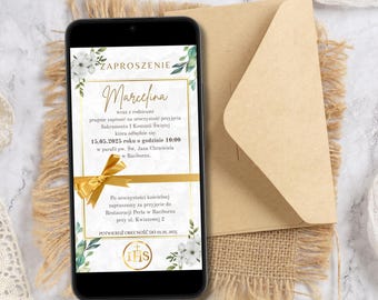 E-Card Heilige Kommunion, Canva Vorlage Mobile Karte, Goldene Heilige Kommunion digitale Einladung, Einladung Canvas Vorlage, Erstkommunion