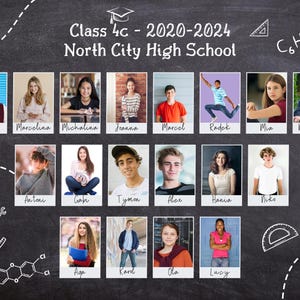 May include: A chalkboard with the text "Class 4c - 2020-2024 North City High School" and the chemical formula "C6H12O6". There are 16 individual photos of students in a grid layout.