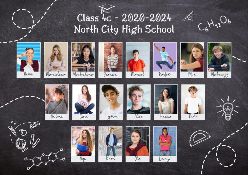 May include: A chalkboard with the text "Class 4c - 2020-2024 North City High School" and the chemical formula "C6H12O6". There are 16 individual photos of students in a grid layout.