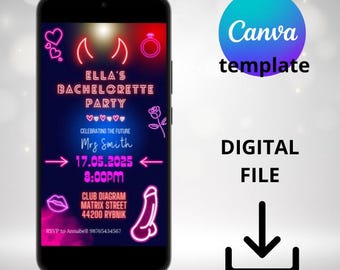 Neon Junggesellinnenabschiedseinladung, E-Card, E-Card Canva Vorlage Mobile Card, digitale Hochzeitseinladung, Einladungs-Canvas-Vorlage,