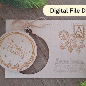 une carte avec une boule éclatante, carte de Noël SVG DXF, carte de Noël numérique découpée au laser, carte en contreplaqué pour Noël, carte de logo d'entreprise