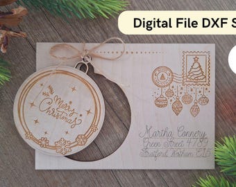 eine Karte mit einer ausbrechbaren Kugel, Weihnachtskarte SVG DXF, digitale Weihnachtskarte lasergeschnitten, Sperrholzkarte für Weihnachten, Firmenlogokarte