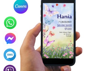 E-Card Animiertes GIF Canva Vorlage Mobile Karte, Schmetterling Kinder digitaler Geburtstag, Einladung Canvas Vorlage, Schmetterling Geburtstagseinladung