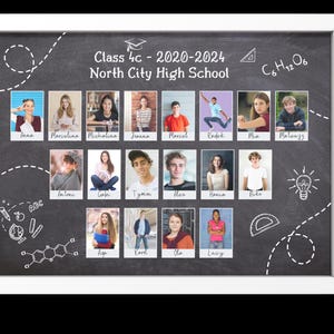 May include: A chalkboard with a white frame displays a class photo collage of students from North City High School, Class 4c, 2020-2024. The chalkboard has a white border and includes drawings of a graduation cap, a lightbulb, a protractor, and a chemical formula.