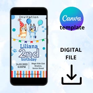 E-Card Canva template mobile card, One year kids digital birthday invitation, invitation canvas template, Paw Patrol birthday invitation
