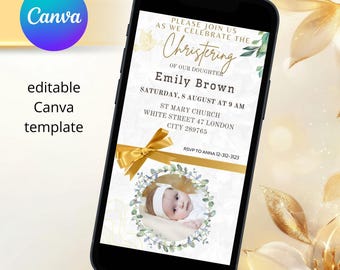 E-Card Baptism Christening Canva template mobile card, Gold Baptism digital invitation, invitation canvas template, Baptism editable